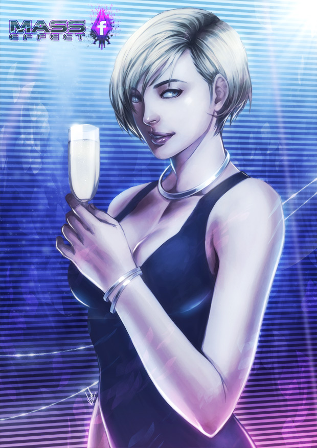 1girl alternate_costume bangs black_dress blonde_hair blue_eyes bracelet breasts champagne_glass cleavage cocktail_dress commander_shepard commander_shepard_(female) dress jeanne_virak jewelry lips mass_effect neck_ring nose short_hair smile solo swept_bangs