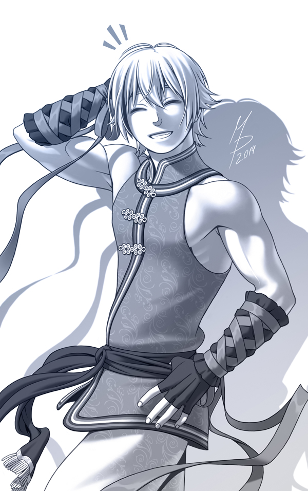 1boy chinese_clothes dead_or_alive eliot_(doa) fingerless_gloves gloves grin marco_paal monochrome muscle ribbon sash short_hair sleeveless smile solo vambraces