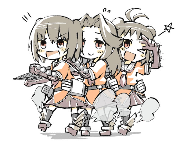 &gt;:d 3girls :&gt; :d ahoge aircraft_catapult belt brown_hair double_bun elbow_gloves gloves jintsuu_(kantai_collection) kantai_collection lineup long_hair machinery multiple_girls naka_(kantai_collection) neckerchief one_eye_closed open_mouth orange_eyes pleated_skirt sendai_(kantai_collection) short_hair skirt smile smoke star torihamu twintails w white_background