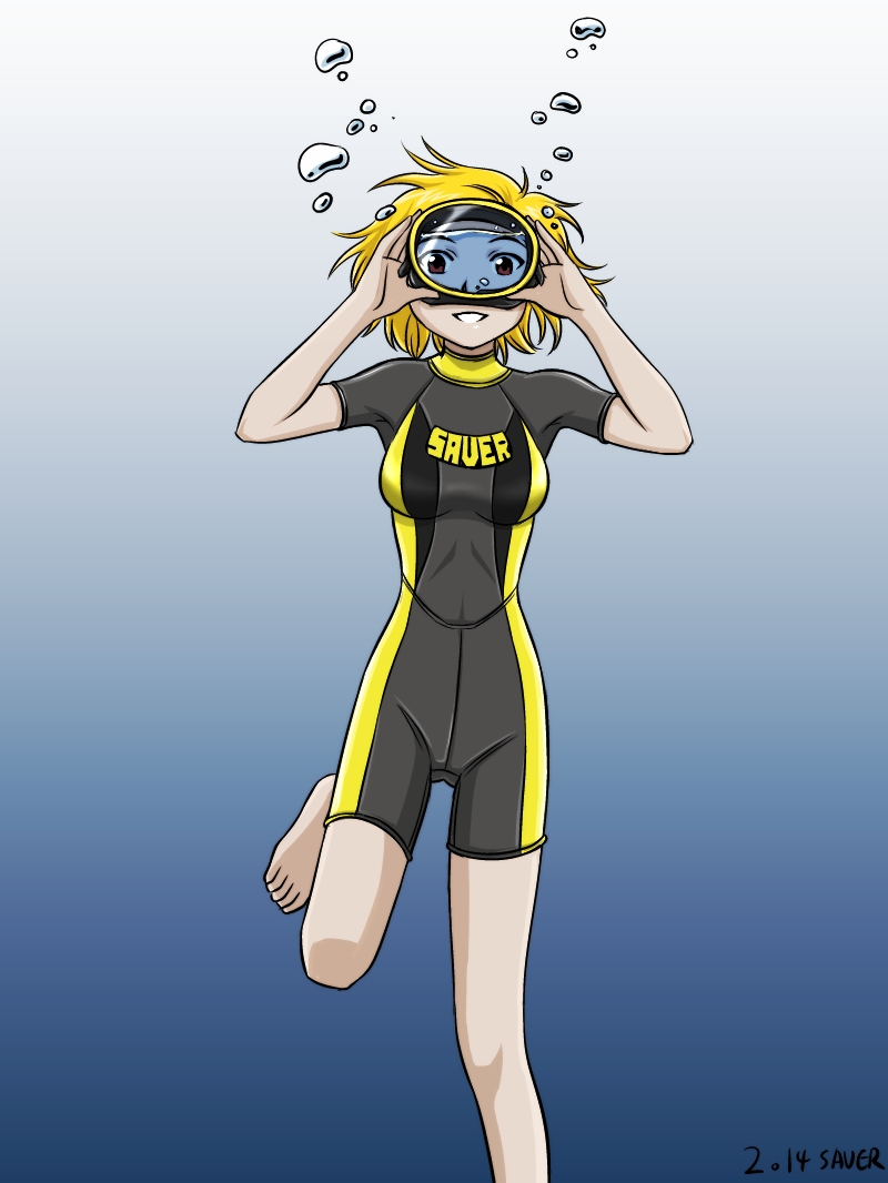1girl air_bubble barefoot blonde_hair breath bubble diving diving_mask freediving holding_breath looking_at_viewer ocean open_mouth original saver_(artbysaver) short_hair smile swimming underwater water wetsuit