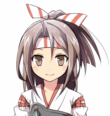 00tea 1girl :d animated animated_gif blush brown_eyes brown_hair bust closed_eyes emofuri facing_viewer hachimaki head_tilt headband japanese_clothes kantai_collection long_hair looking_at_viewer lowres muneate open_mouth smile solo ugoira white_background zuihou_(kantai_collection)