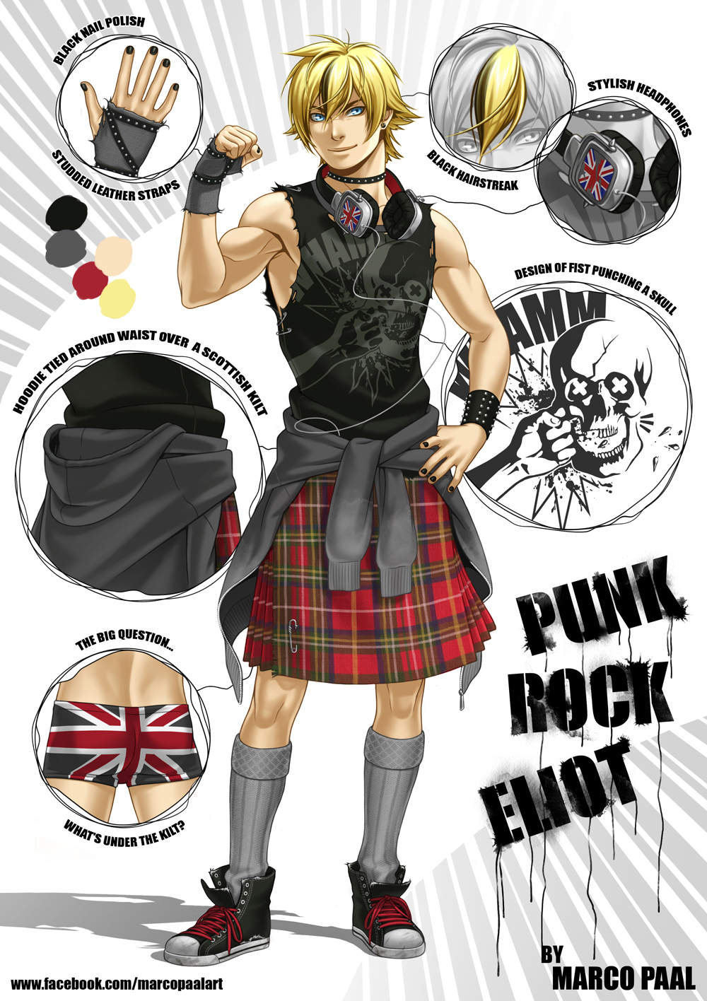1boy alternate_costume black_nails blonde_hair blue_eyes choker clothes_around_waist color_guide dead_or_alive dead_or_alive_5 ear_studs earrings eliot_(doa) english headphones headphones_around_neck highlights highres hoodie jewelry kilt marco_paal multicolored_hair muscle nail_polish plaid punk_rock shoes single_glove sleeveless sneakers socks sweater_around_waist union_jack watermark web_address