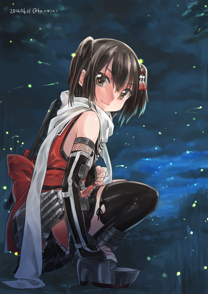 1girl blush brown_eyes brown_hair dated fingerless_gloves gloves kantai_collection ko_ru_ri looking_at_viewer night night_sky revision scarf school_uniform sendai_(kantai_collection) short_hair sky smile solo squatting star_(sky) twintails twitter_username