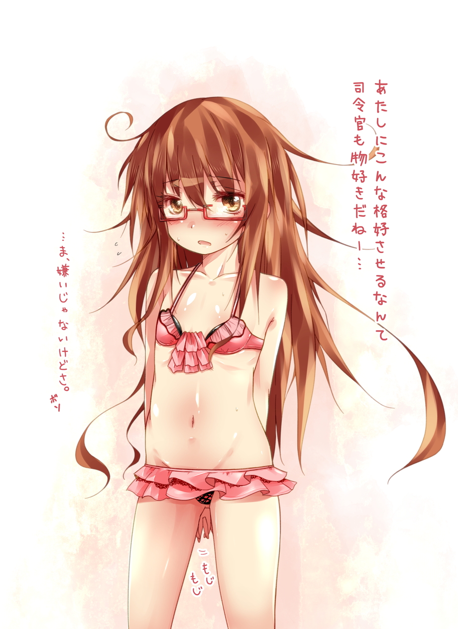 1girl arms_behind_back bikini bikini_skirt blush brown_eyes brown_hair collarbone flat_chest flying_sweatdrops glasses hands_clasped highres kantai_collection lowleg messy_hair mochizuki_(kantai_collection) mound_of_venus red-framed_glasses sawamura_aoi shiny shiny_skin solo sweat swimsuit translated
