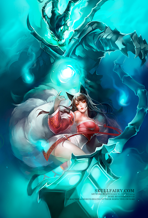 1girl ahri animal_ears bare_shoulders black_hair breasts character_request detached_sleeves fox_ears fox_tail korean_clothes league_of_legends long_hair multiple_tails na_young_lee orb red_eyes solo_focus tail watermark web_address whisker_markings yellow_eyes
