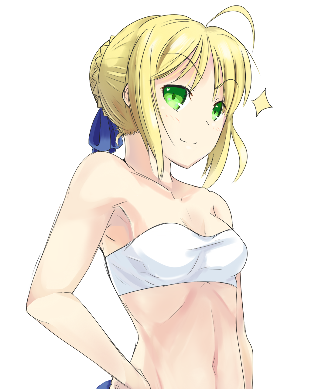 1girl ahoge blonde_hair blush boa_(4chan) fate/stay_night fate_(series) green_eyes hair_ribbon highres ribbon saber small_breasts smile solo sparkle tubetop