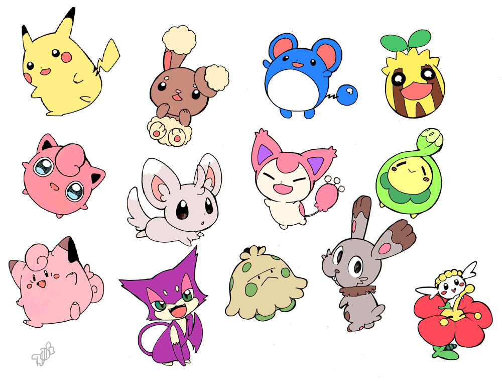 amezawa_koma budew buneary clefairy flabebe jigglypuff marill minccino no_humans pikachu pokemon pokemon_(creature) purrloin shroomish simple_background skitty sunkern white_background