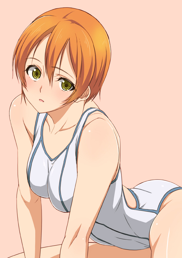 1girl blush breasts hoshizora_rin kosuke_haruhito looking_at_viewer love_live!_school_idol_project one-piece_swimsuit orange_hair short_hair simple_background solo swimsuit yellow_eyes
