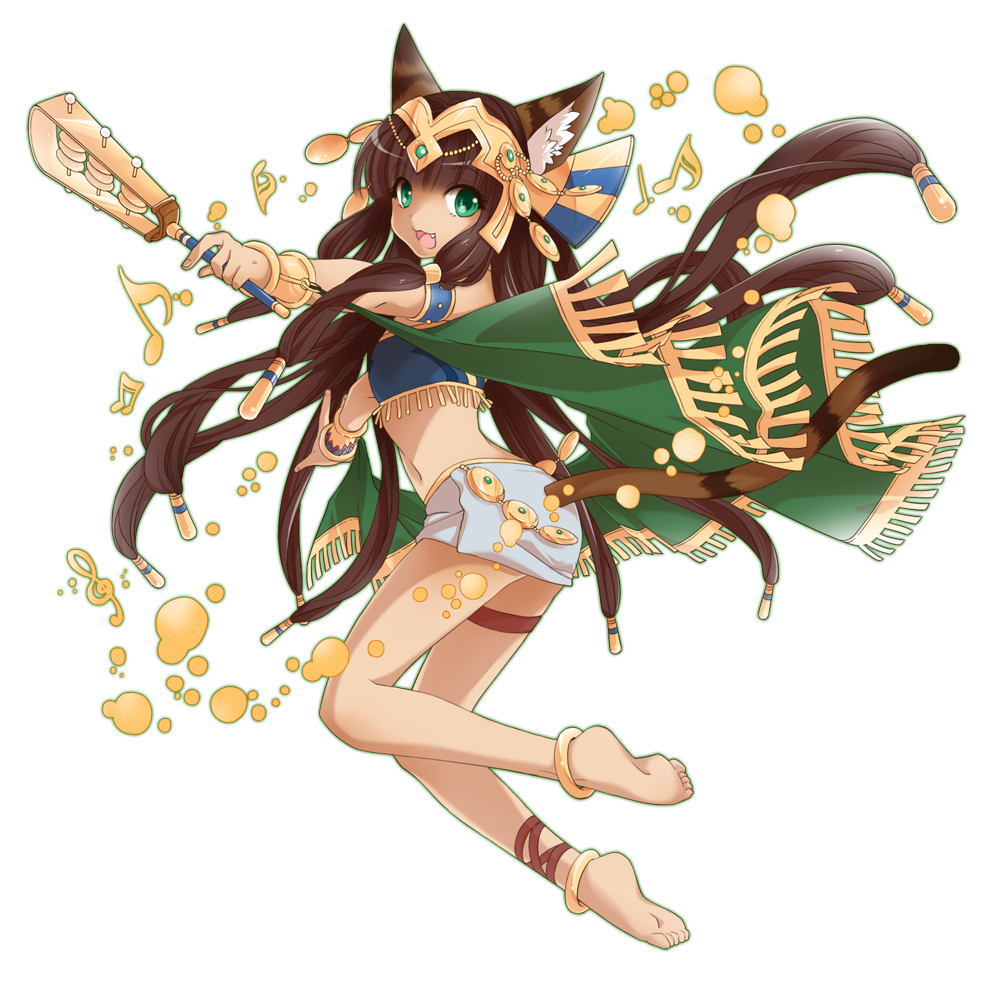 1girl :3 :d animal_ears anklet armlet bare_shoulders barefoot bastet_(p&amp;d) bracelet brown_hair cat_ears cat_tail cross-laced_legwear dark_skin egyptian egyptian_clothes fang full_body green_eyes hair_ornament headpiece holding instrument jewelry long_hair looking_back mochi_(shipir) musical_note navel open_mouth outline puzzle_&amp;_dragons simple_background skirt smile solo tail white_background white_skirt