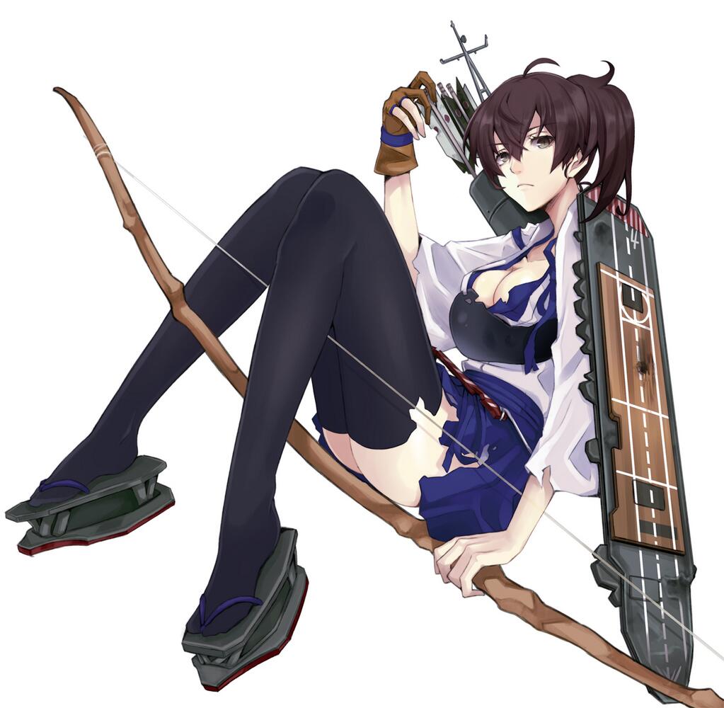 1girl arrow bow_(weapon) breasts brown_hair cleavage flight_deck grey_eyes kaga_(kantai_collection) kantai_collection large_breasts looking_at_viewer muneate pokimari quiver short_hair side_ponytail simple_background single_glove sitting skirt solo thigh-highs weapon white_background yugake