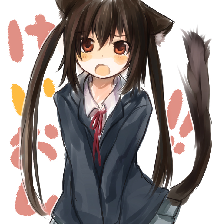 1girl animal_ears blush cat_ears cat_tail k-on! kemonomimi_mode long_hair nakano_azusa omelette_(chako3) open_mouth school_uniform skirt solo tail