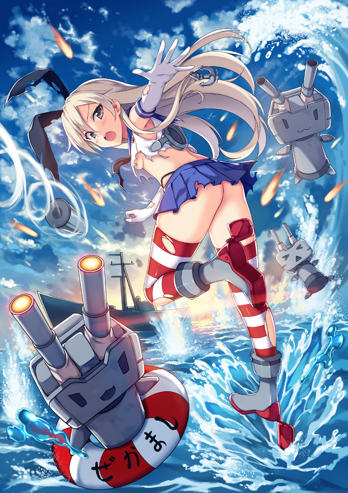 1girl anchor black_panties blonde_hair blush elbow_gloves gloves hair_ornament hairband highleg highleg_panties kantai_collection long_hair looking_at_viewer open_mouth panties pcmaniac88 rensouhou-chan shimakaze_(kantai_collection) skirt small_breasts solo striped striped_legwear thigh-highs torn_clothes underwear white_gloves
