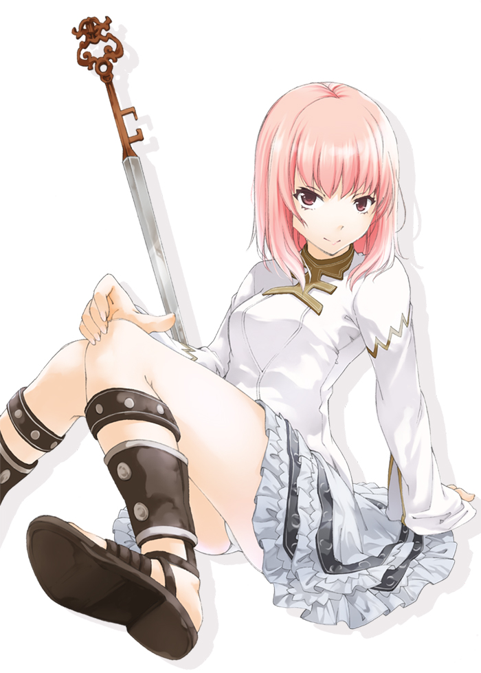 1girl arm_support dark_souls dark_souls_2 frilled_skirt frills hand_on_knee key knees_together_feet_apart knees_touching long_sleeves panties pantyshot pantyshot_(sitting) pink_eyes pink_hair sandals shirt short_hair simple_background sitting skirt smile solo souls_(from_software) sword takahashi_tsubasa undead_hero_(dark_souls_2) underwear weapon white_background white_clothes white_panties white_shirt white_skirt