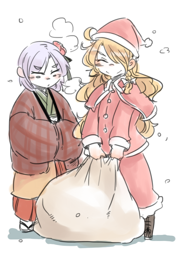 2girls ^_^ blonde_hair blush braid capelet closed_eyes hair_over_one_eye hat hieda_no_akyuu japanese_clothes kimono kirisame_marisa long_hair multiple_girls overcoat ponke purple_hair sack santa_costume santa_hat short_hair side_braid single_braid smile touhou yukata