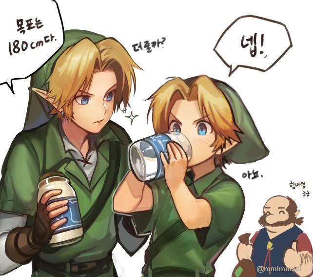 beard blonde_hair blue_eyes earrings facial_hair gloves jewelry korean link milk mmimmemm nintendo ocarina_of_time pointy_ears smile talon the_legend_of_zelda time_paradox young_link