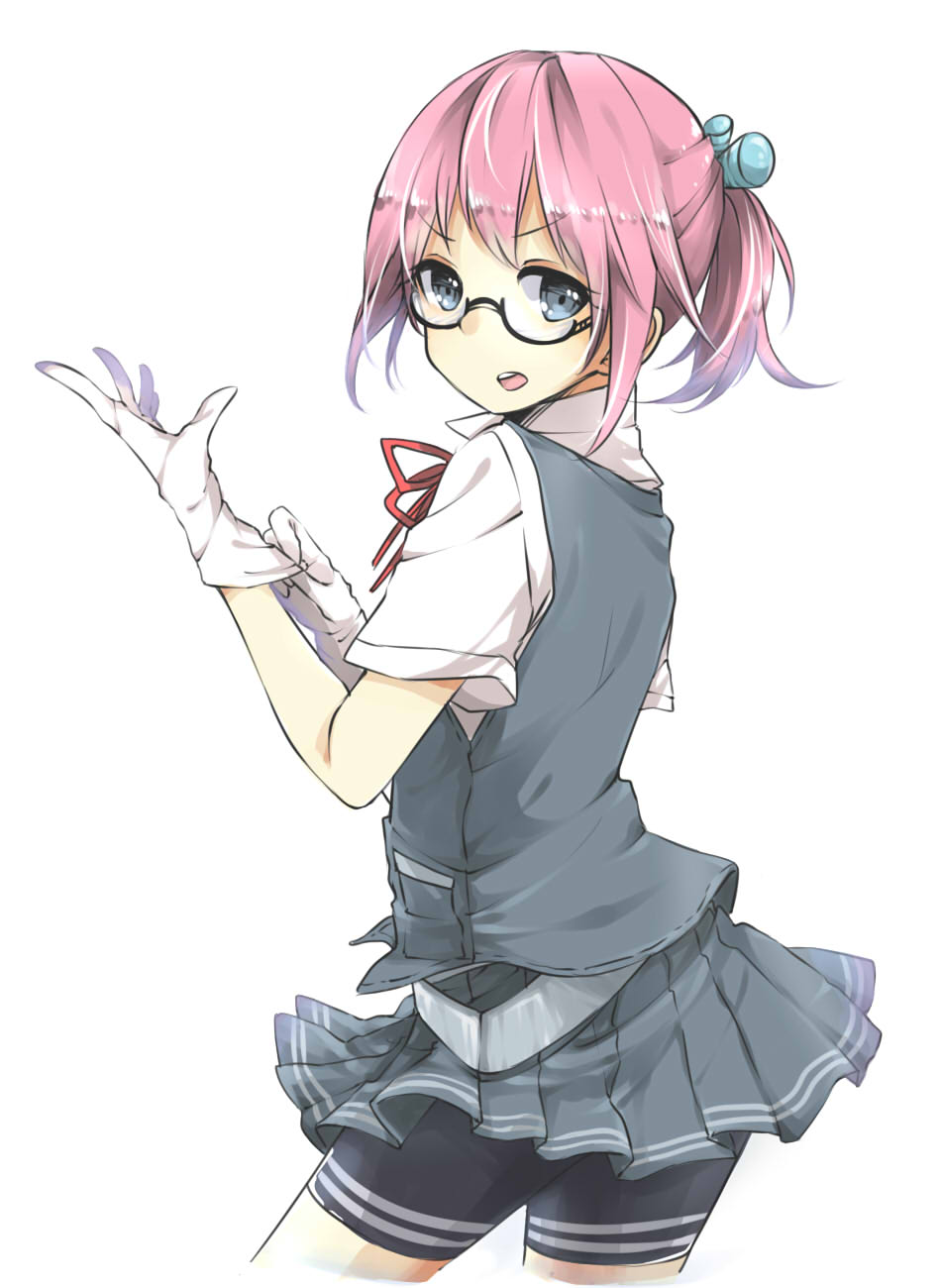 1girl adjusting_clothes adjusting_gloves aqua_eyes bespectacled bike_shorts black-framed_glasses from_behind glasses gloves grey_skirt highres kantai_collection looking_at_viewer pink_hair pleated_skirt ponytail red_ribbon ribbon school_uniform semi-rimless_glasses shiranui_(kantai_collection) skirt solo tomo_futoshi vest white_background white_gloves