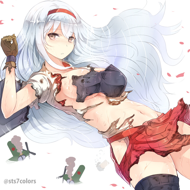 1girl breasts brown_eyes gloves hairband kantai_collection long_hair looking_at_viewer muneate navel petals shoukaku_(kantai_collection) solo sts torn_clothes twitter_username white_hair