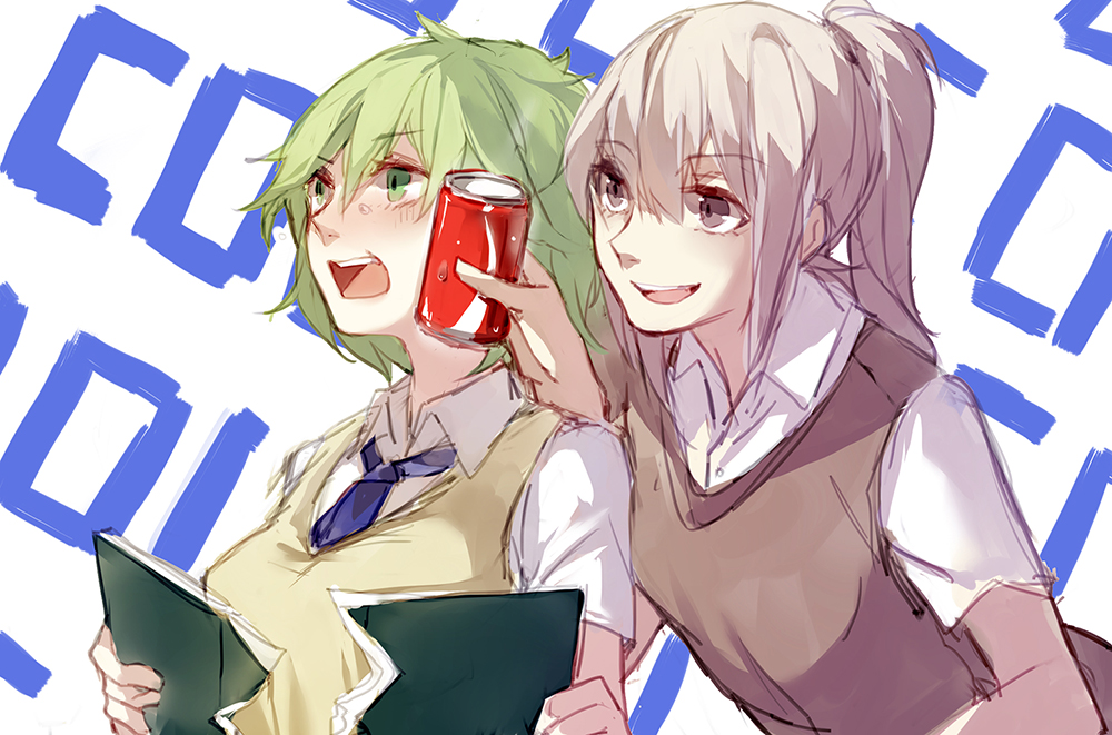 2girls alternate_costume book can_to_cheek english green_eyes green_hair grey_eyes hug_(artist) mononobe_no_futo multiple_girls necktie no_hat open_mouth ponytail school_uniform short_hair silver_hair sketch smile soga_no_tojiko tearing touhou