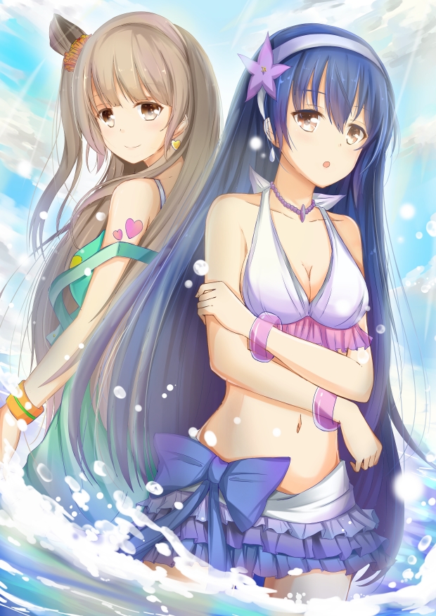 2girls back-to-back blue_hair breasts brown_eyes brown_hair cleavage flower hair_flower hair_ornament hairband long_hair love_live!_school_idol_project minami_kotori multiple_girls side_ponytail smile sonoda_umi swimsuit tailam