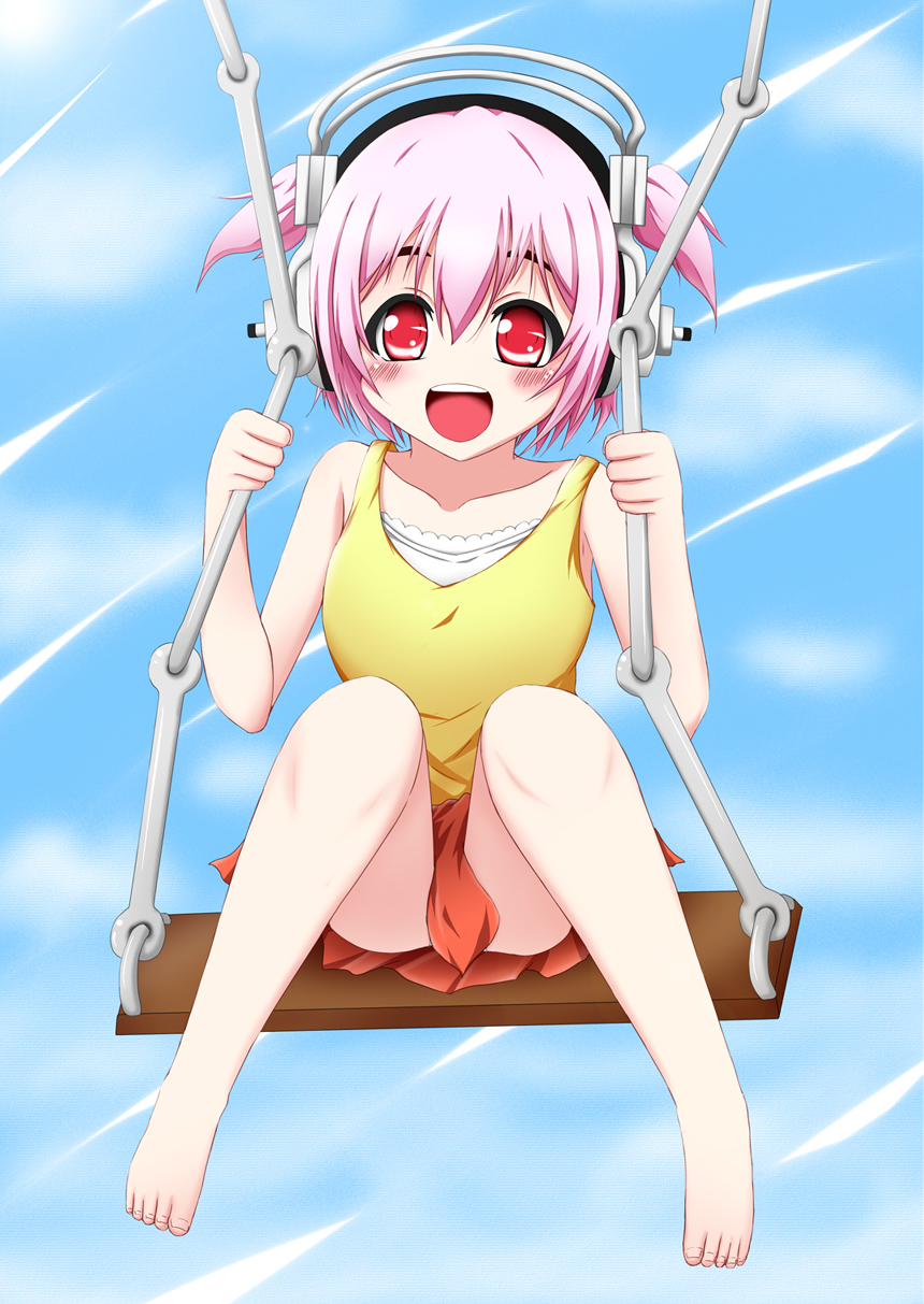 1girl bad_feet blush headphones highres ion_(artist) looking_at_viewer nitroplus open_mouth pink_hair red_eyes short_hair smile solo super_sonico swing twintails young