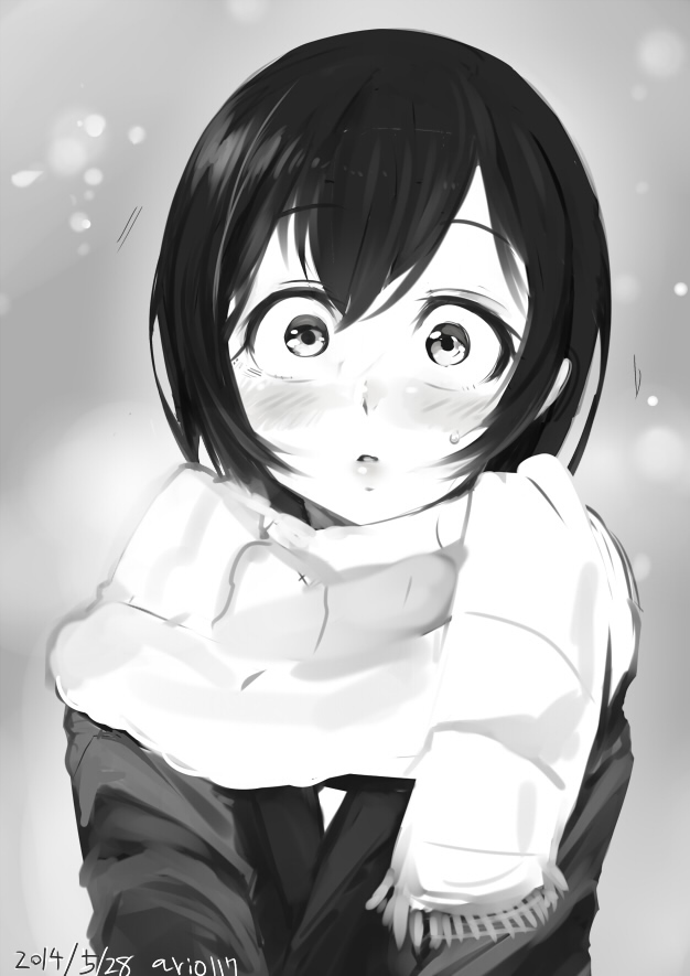 1girl 2014 ario artist_name blush coat confession dated grey_background lips long_sleeves looking_at_viewer monochrome motion_lines open_mouth original parted_lips pov pov_eye_contact scarf short_hair snow snowing solo surprised sweat text wide-eyed