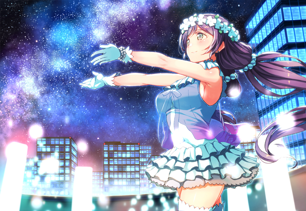 1girl armpits bare_shoulders blush breasts dress flower gloves green_eyes hair_flower hair_ornament haruken large_breasts long_hair love_live!_school_idol_project night night_sky outstretched_arms purple_hair sideboob sky smile solo star_(sky) starry_sky thigh-highs toujou_nozomi twintails wreath