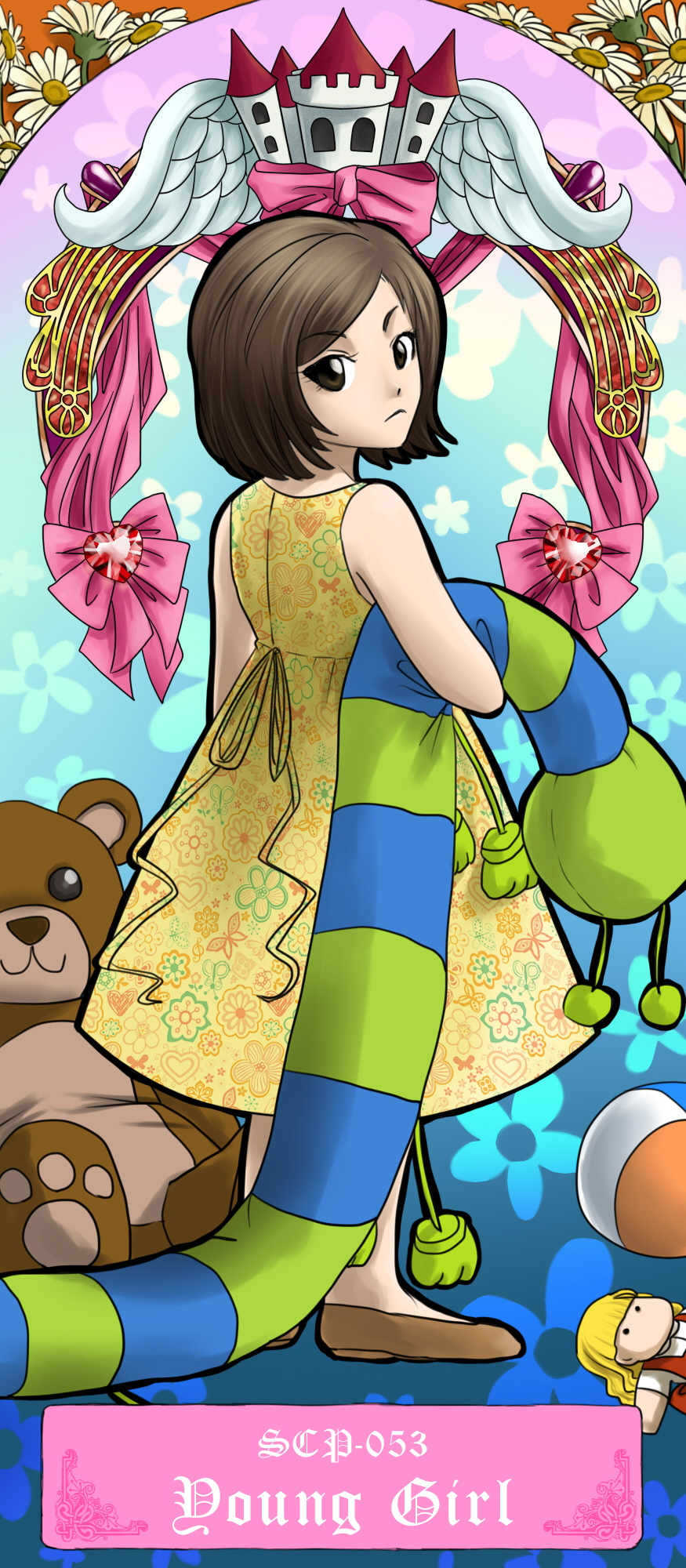 1girl art_nouveau bare_shoulders bow brown_eyes brown_hair castle character_name child dragon_ash dress flower highres looking_at_viewer looking_back ribbon scp-053 scp_foundation solo standing stuffed_animal stuffed_toy toy wings