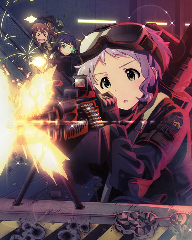 &gt;_&lt; 3girls assault_rifle firing gloves goggles goggles_on_head gun heckler_&amp;_koch hk416 idolmaster idolmaster_million_live! m249 machine_gun makabe_mizuki mogami_shizuka multiple_girls muzzle_flash official_art rifle weapon yellow_eyes yokoyama_nao