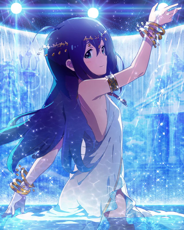 1girl ahoge aqua_eyes armlet blue_hair bracelet dress idolmaster idolmaster_million_live! jewelry long_hair looking_at_viewer mochizuki_anna official_art smile water waterfall