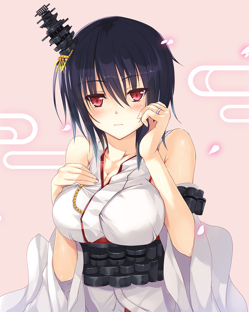 1girl bare_shoulders black_hair breasts bust cleavage detached_sleeves hair_ornament hand_on_own_chest hinot japanese_clothes jewelry kantai_collection looking_at_viewer nontraditional_miko red_eyes ring short_hair solo yamashiro_(kantai_collection)