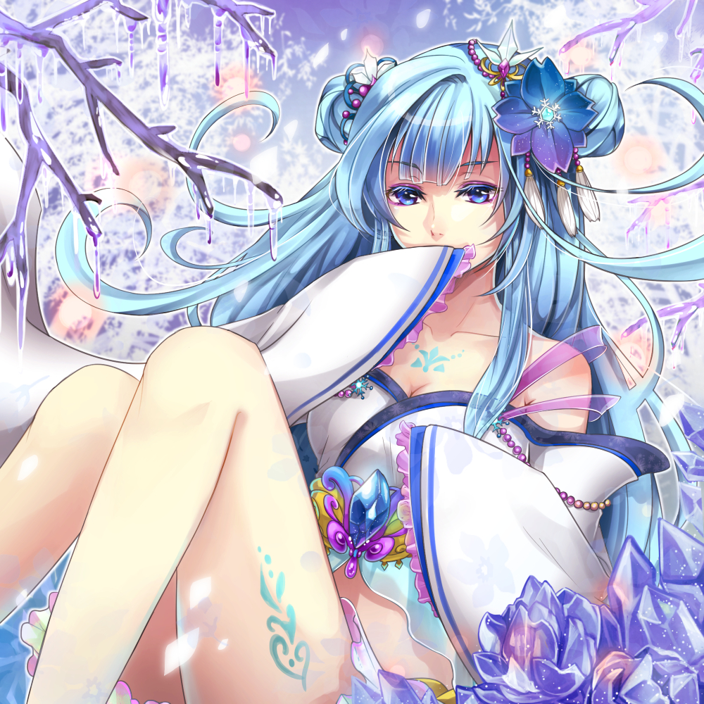 1girl bangs bare_shoulders beads blue_eyes blue_hair blunt_bangs breasts chest_tattoo cleavage colored_eyelashes covering_mouth double_bun eyeliner eyeshadow feathers flipped_hair floral_print frills gradient hair_feathers hair_intakes hair_ornament hand_over_own_mouth ice japanese_clothes leg_tattoo legs long_hair long_sleeves looking_at_viewer makeup mamo_(fortune-mm) midriff off_shoulder original outline revision see-through sitting sleeves_past_wrists snowflake_hair_ornament tattoo transparent tree wide_sleeves yuki_onna