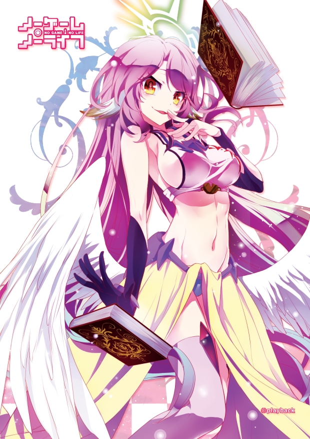 1girl angel_wings artist_name book breasts bridal_gauntlets copyright_name feathered_wings finger_to_mouth head_wings jibril_(no_game_no_life) long_hair looking_at_viewer low_wings magic_circle navel no_game_no_life orange_eyes pink_hair pink_legwear playback sideboob smile solo symbol-shaped_pupils thigh-highs white_wings wings