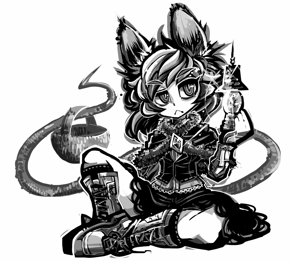 1girl animal_ears basket bishamonten's_pagoda boots capelet jewelry long_tail monochrome mouse_ears mouse_tail nazrin pendant prehensile_tail short_hair simple_background sitting solo tail touhou white_background yt_(wai-tei)