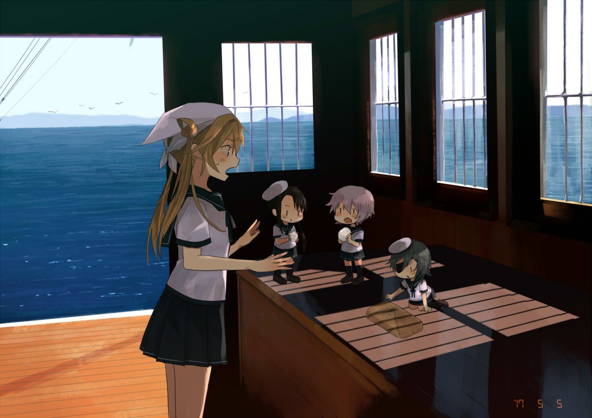 4girls abukuma_(kantai_collection) annin_musou black_hair black_legwear black_skirt blonde_hair brown_shoes dated eating eyepatch fairy_(kantai_collection) food hair_rings hat headdress holding holding_food kantai_collection kiso_(kantai_collection) long_hair minigirl multiple_girls nachi_(kantai_collection) ocean open_mouth pink_hair pleated_skirt sailor_collar sailor_hat school_uniform serafuku shoes short_hair short_sleeves side_ponytail skirt tama_(kantai_collection) twintails white_hat