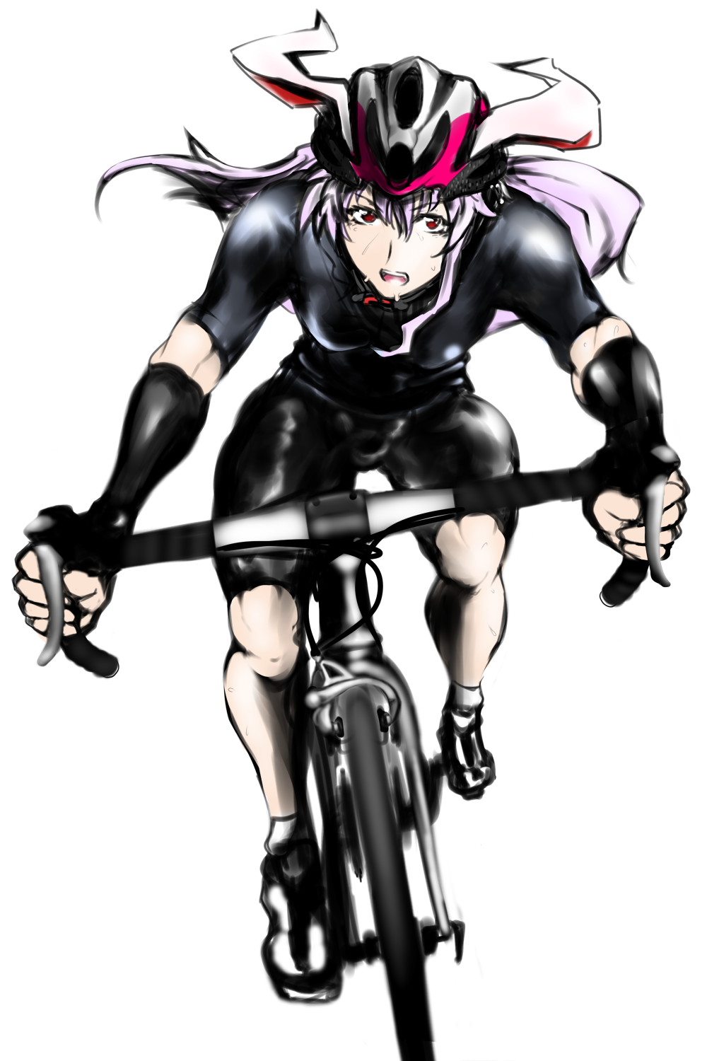 1girl akikusa_peperon animal_ears bicycle bicycle_helmet bike_jersey bike_shorts determined elbow_gloves gloves handlebar helmet highres muscle open_mouth purple_hair rabbit_ears red_eyes reisen_udongein_inaba simple_background small_breasts sweat tagme thick_thighs thighs toned touhou white_background