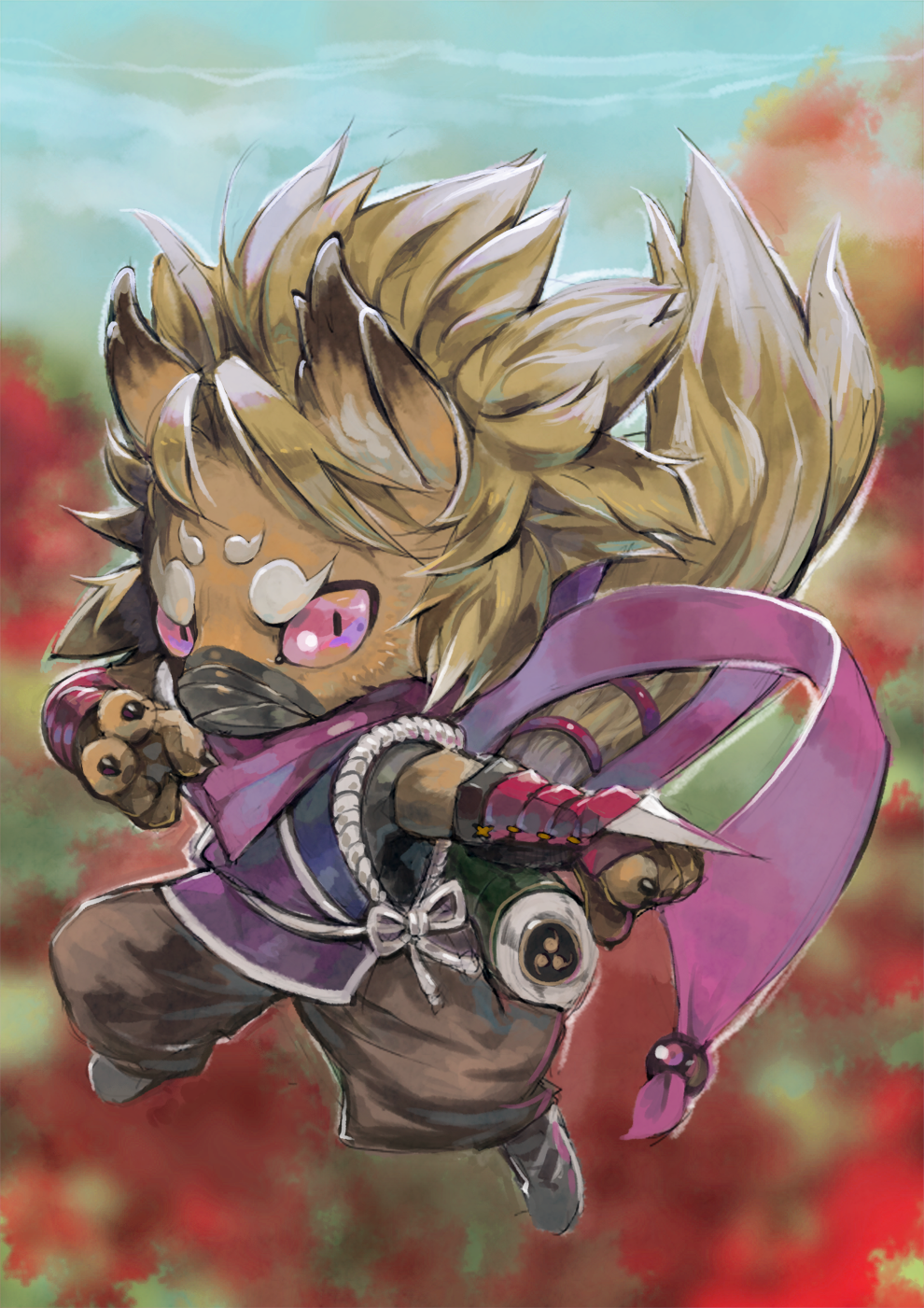 ambiguous_gender armor blame blonde_hair fighting_stance flower kemono mask ninja_clothes original pink_eyes scarf scroll slit_eyes solo