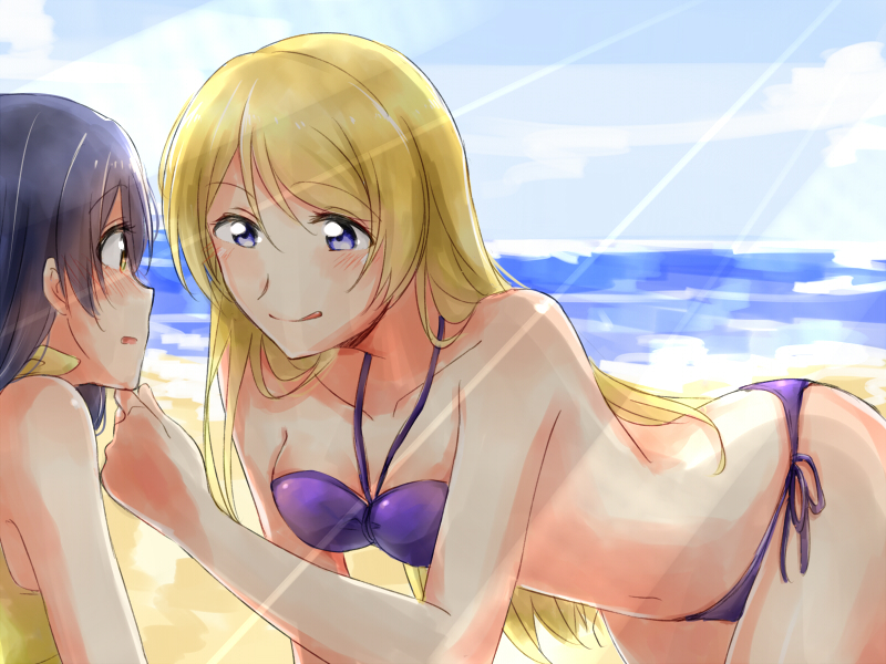 2girls :p all_fours ayase_eli beach bikini blonde_hair blue_eyes blue_hair blush brown_eyes hair_down hand_on_another's_chin long_hair looking_at_another love_live!_school_idol_project multiple_girls sakura_ai_ke side-tie_bikini sketch sky sonoda_umi swimsuit tongue tongue_out water