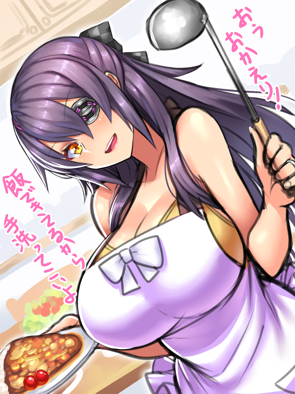 1girl alternate_costume alternate_hair_length alternate_hairstyle apron blush bow breasts cleavage curry eyepatch food hair_bow highres kantai_collection large_breasts looking_at_viewer open_mouth plate purple_hair smile solo tenryuu_(kantai_collection) translation_request yapo yellow_eyes