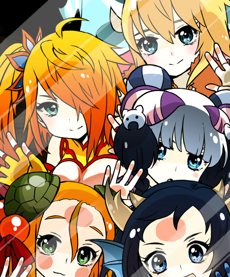 5girls :3 :d against_glass ahoge aqua_eyes bangs bare_shoulders black_hair blonde_hair blue blue_eyes blunt_bangs blush braid breast_press breasts breasts_on_glass cat_hair_ornament china_dress chinese_clothes cleavage cleavage_cutout double_bun dragon_girl dragon_horns dress elbow_gloves fingerless_gloves fourth_wall glass gloves green_eyes hair_bobbles hair_ornament hair_over_one_eye hair_ribbon hair_strand haku_(p&amp;d) head_fins horns karin_(p&amp;d) large_breasts leiran_(p&amp;d) long_hair looking_at_viewer meimei_(p&amp;d) multicolored_hair multiple_girls open_mouth orange_dress orange_hair phone_screen phone_wallpaper pikomarie ponytail purple_dress purple_hair puzzle_&amp;_dragons red_ribbon reflection ribbon sakuya_(p&amp;d) short_sleeves side_ponytail sleeveless sleeveless_dress smile stone stone_wall too_many trait_connection turtle_shell twin_braids two-tone_hair wall wallpaper white_hair