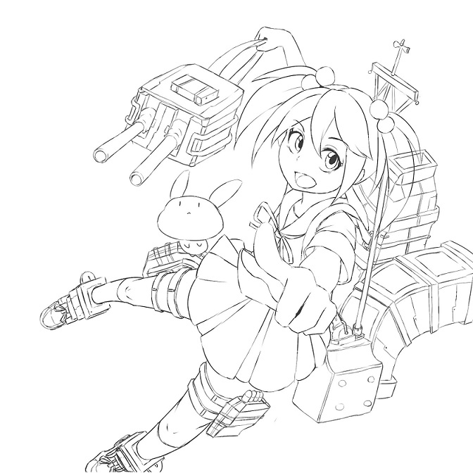 1girl bow foreshortening hair_bobbles hair_ornament holding kantai_collection lineart machinery open_mouth pointing rabbit ribbon sazanami_(kantai_collection) school_uniform serafuku simple_background socks solo tokoi turret twintails