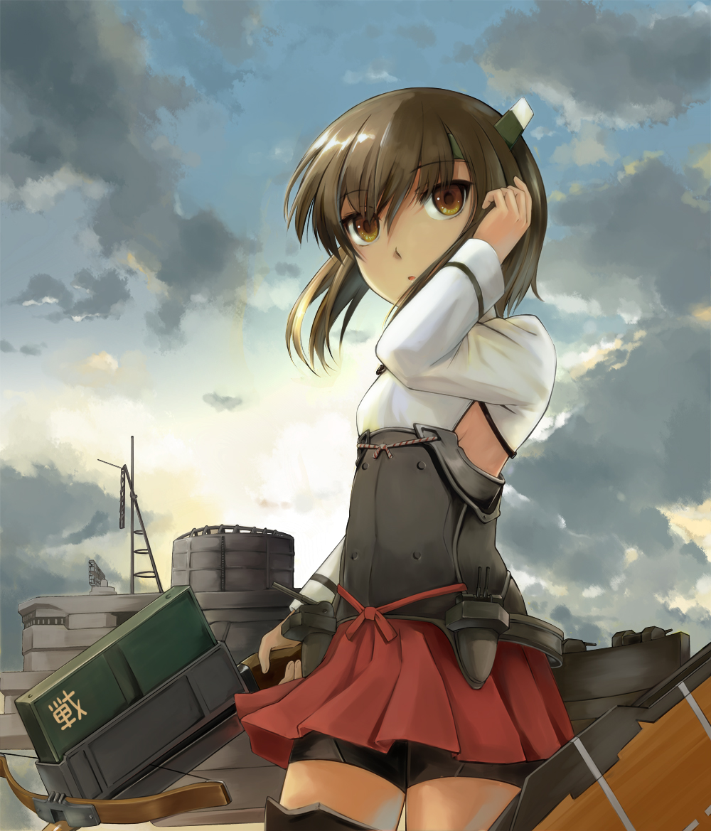 1girl adjusting_hair arm_up bike_shorts blush boat bow_(weapon) brown_eyes brown_hair clouds crossbow flat_chest headband headgear kantai_collection open_mouth pestxsan pleated_skirt short_hair skirt sky solo sunrise taihou_(kantai_collection) thigh-highs weapon wind