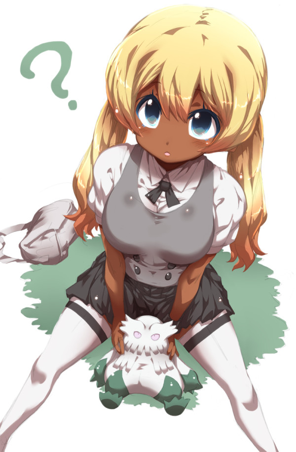 1girl ? abomasnow alternate_costume alternate_hairstyle bag blonde_hair blue_eyes blush breasts character_request dark_skin from_above handbag long_hair no_hat pokemon pokemon_(creature) pokemon_(game) pokemon_xy puffy_short_sleeves puffy_sleeves serena_(pokemon) short_sleeves sitting skirt solo thigh-highs tokyo_(great_akuta) twintails v_arms vest