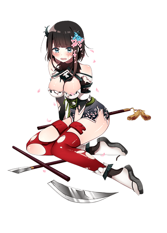 1girl between_thighs blue_eyes broken broken_weapon brown_hair hair_ornament hirosaki_(shirohime_quest) japanese_clothes naginata official_art personification polearm shirohime_quest short_hair solo tagme tears transparent_background weapon