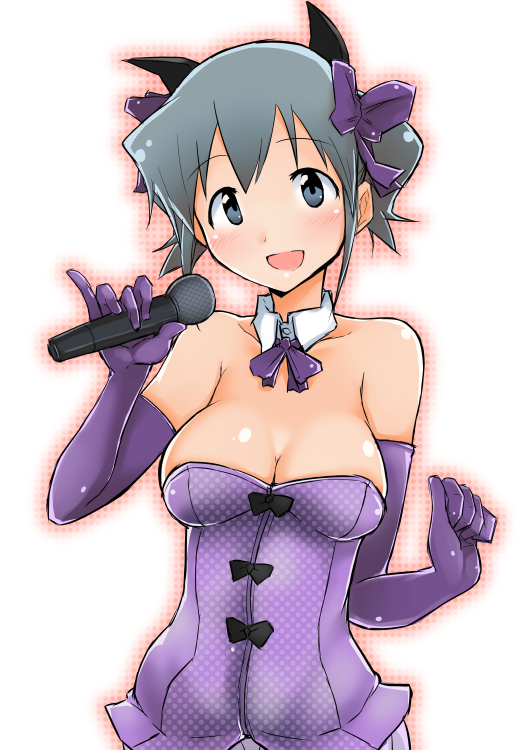 1girl animal_ears bare_shoulders breasts cat_ears cleavage do_(taka) elbow_gloves gloves green_eyes green_hair hair_ornament hidamari_sketch microphone nori pinky_out short_hair short_twintails smile solo twintails