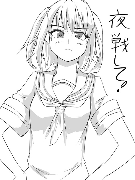 1girl blush bust hands_on_hips kantai_collection monochrome pout school_uniform sendai_(kantai_collection) serafuku simple_background solo tokoi translation_request twintails