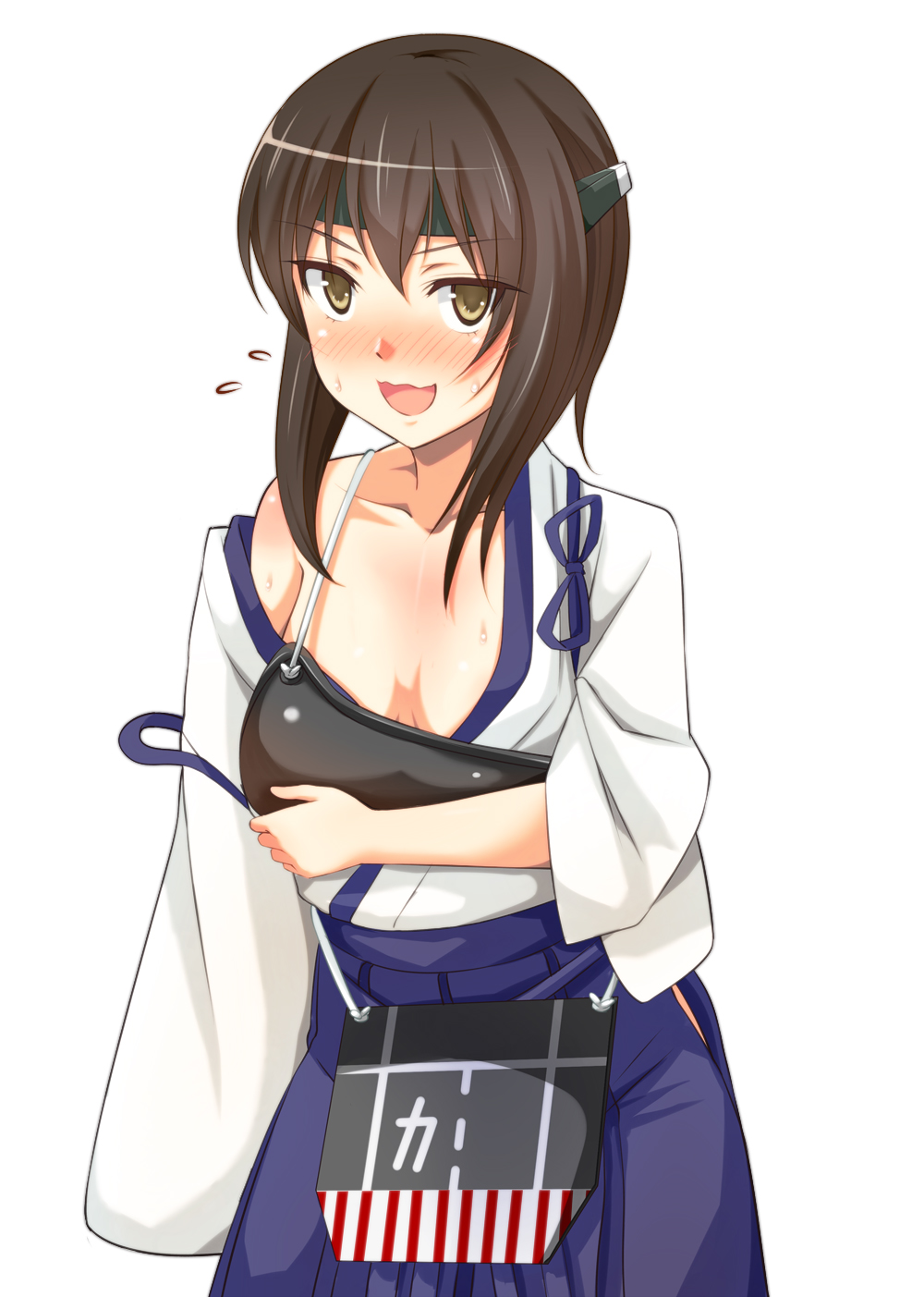 1girl armor blush breast_lift brown_eyes brown_hair headband highres japanese_clothes kaga_(kantai_collection) kaga_(kantai_collection)_(cosplay) kantai_collection looking_at_viewer muneate off_shoulder open_mouth oversized_clothes pestxsan short_hair solo sweatdrop taihou_(kantai_collection) wavy_mouth