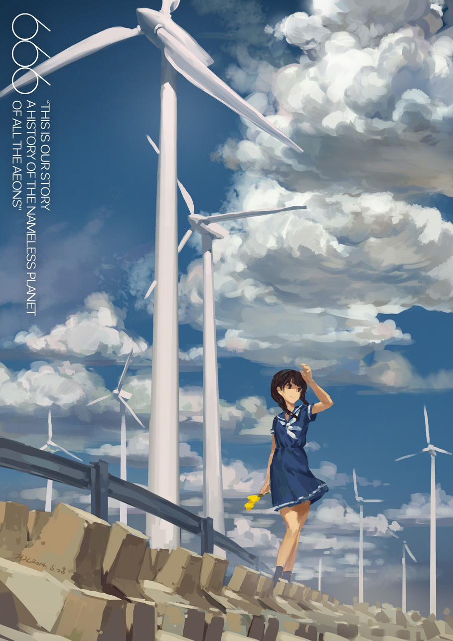1girl black_hair clouds highres hjl original sailor_dress school_uniform sky solo standing wind_turbine windmill