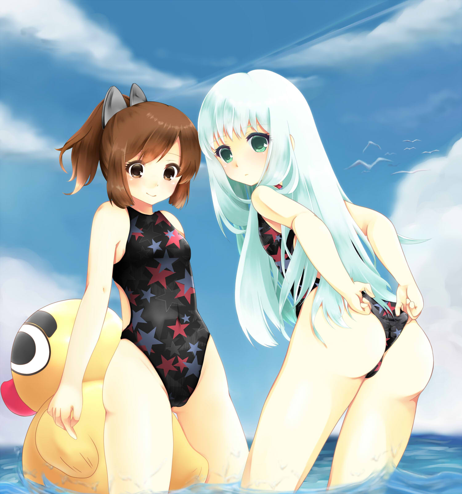 2girls adjusting_clothes adjusting_swimsuit aoki_hagane_no_arpeggio ass blue_hair brown_eyes brown_hair competition_swimsuit feet_in_water green_eyes highleg highleg_swimsuit highres i-401_(kantai_collection) iona kantai_collection long_hair mikimo_nezumi multiple_girls namesake one-piece_swimsuit ponytail rubber_duck short_hair soaking_feet star_print swimsuit v water