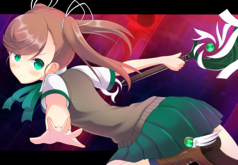 1girl ankle_wings boots brown_hair green_eyes hair_ribbon long_hair nanase_(under_night_in-birth) nyomosuke outstretched_arms pleated_skirt ribbon school_uniform skirt socks solo sword twintails under_night_in-birth weapon