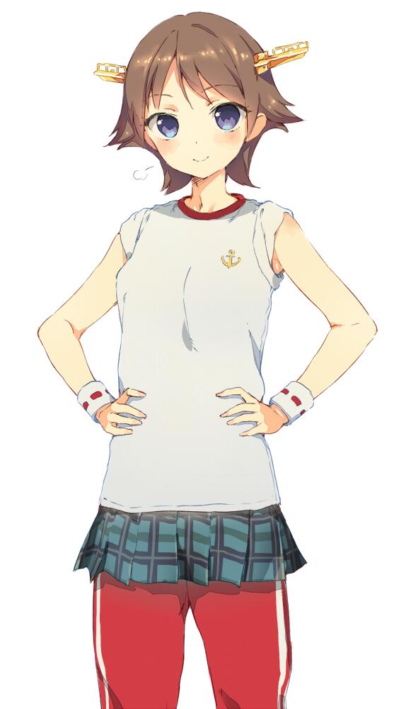 1girl aida_takanobu blue_eyes blush hands_on_hips headgear hiei_(kantai_collection) kantai_collection plaid plaid_skirt short_hair skirt smile solo sweatband t-shirt track_pants wristband